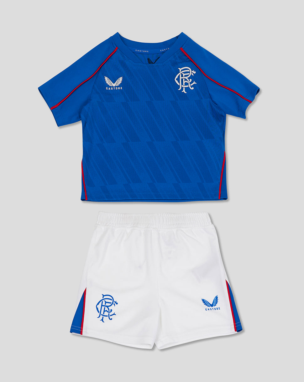 Rangers Baby 24/25 home kit laid flat blue shirt with white shorts featuring club crest and Castore branding