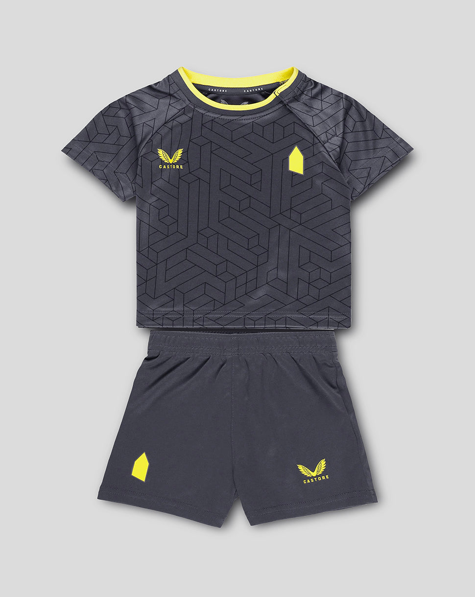 Everton away nested baby kit two piece in dark grey with geometric pattern and neon yellow accents on shirt and shorts