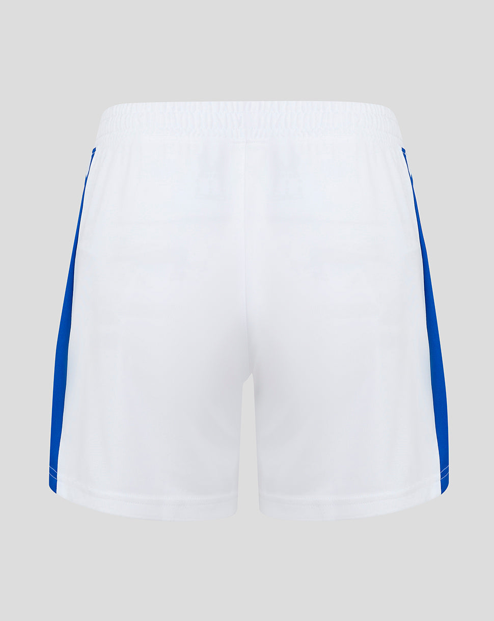 White Rangers shorts with royal blue side panels and an elastic waistband