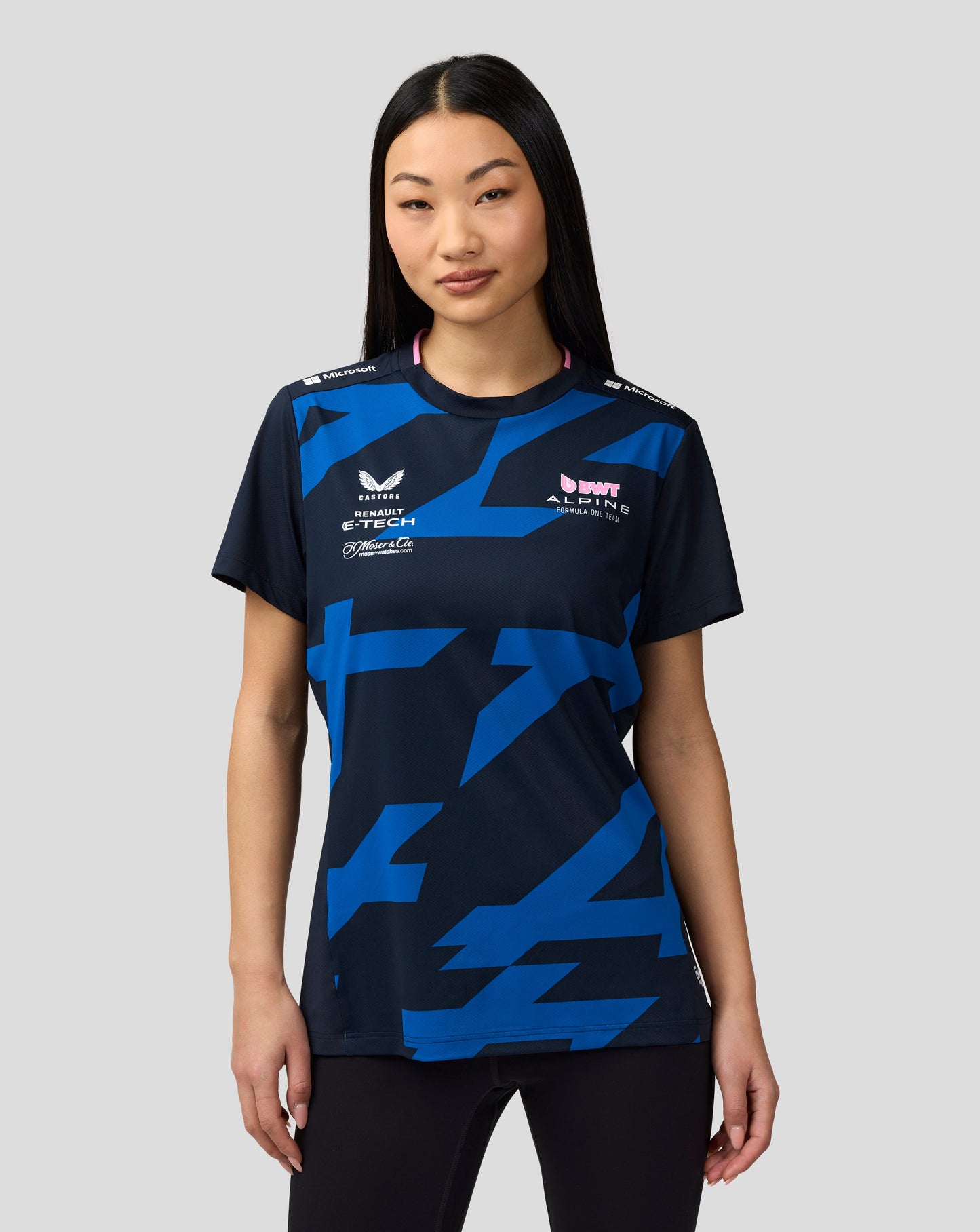 Navy BWT Alpine Women Driver Jersey with blue geometric patterns and sponsor logos on the chest