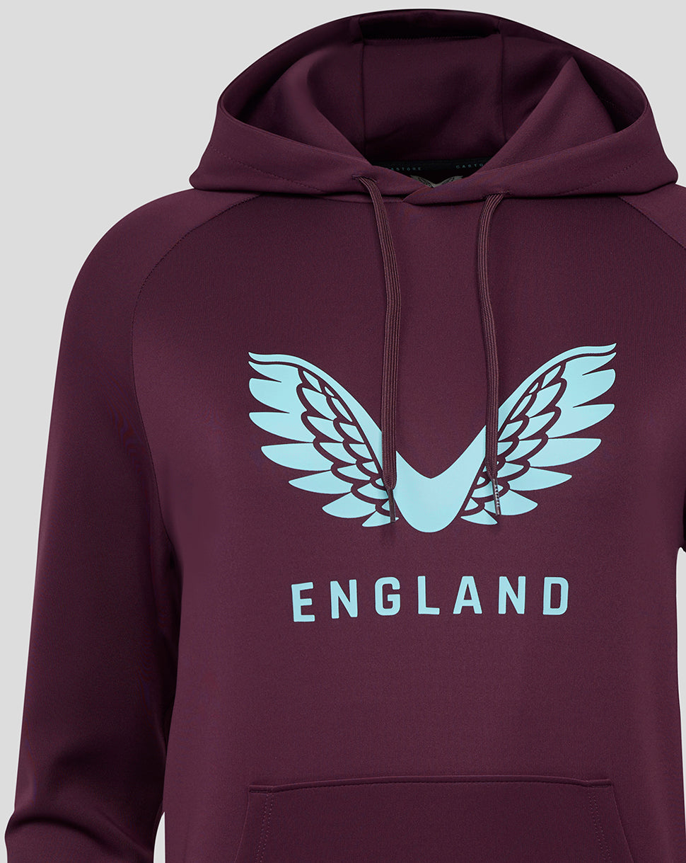 Maroon England cricket hoodie with light blue wing logo and England text on the chest, hood with drawstrings