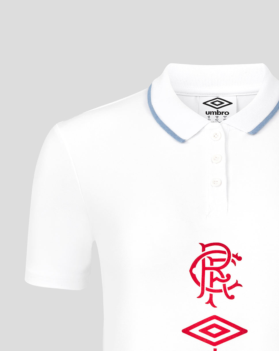Front view of white Rangers travel polo with large red crest and Umbro diamond logo on chest.
