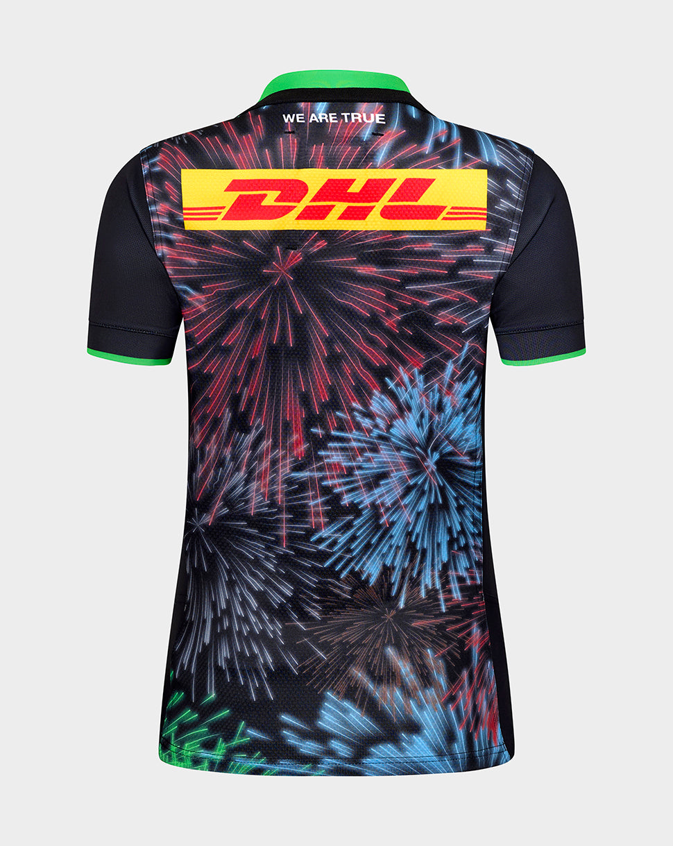 Back view of Harlequins Women's Big Game Pro Shirt with a multicolored fireworks print and a bold DHL banner across the back