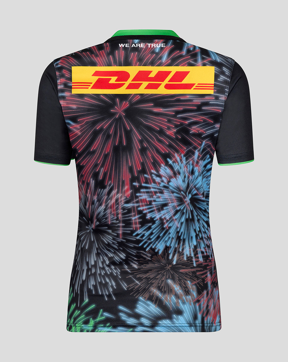 Back view of Harlequins women's 25/26 Big Game Replica Shirt with a fireworks pattern and a prominent DHL sponsor across the upper back.