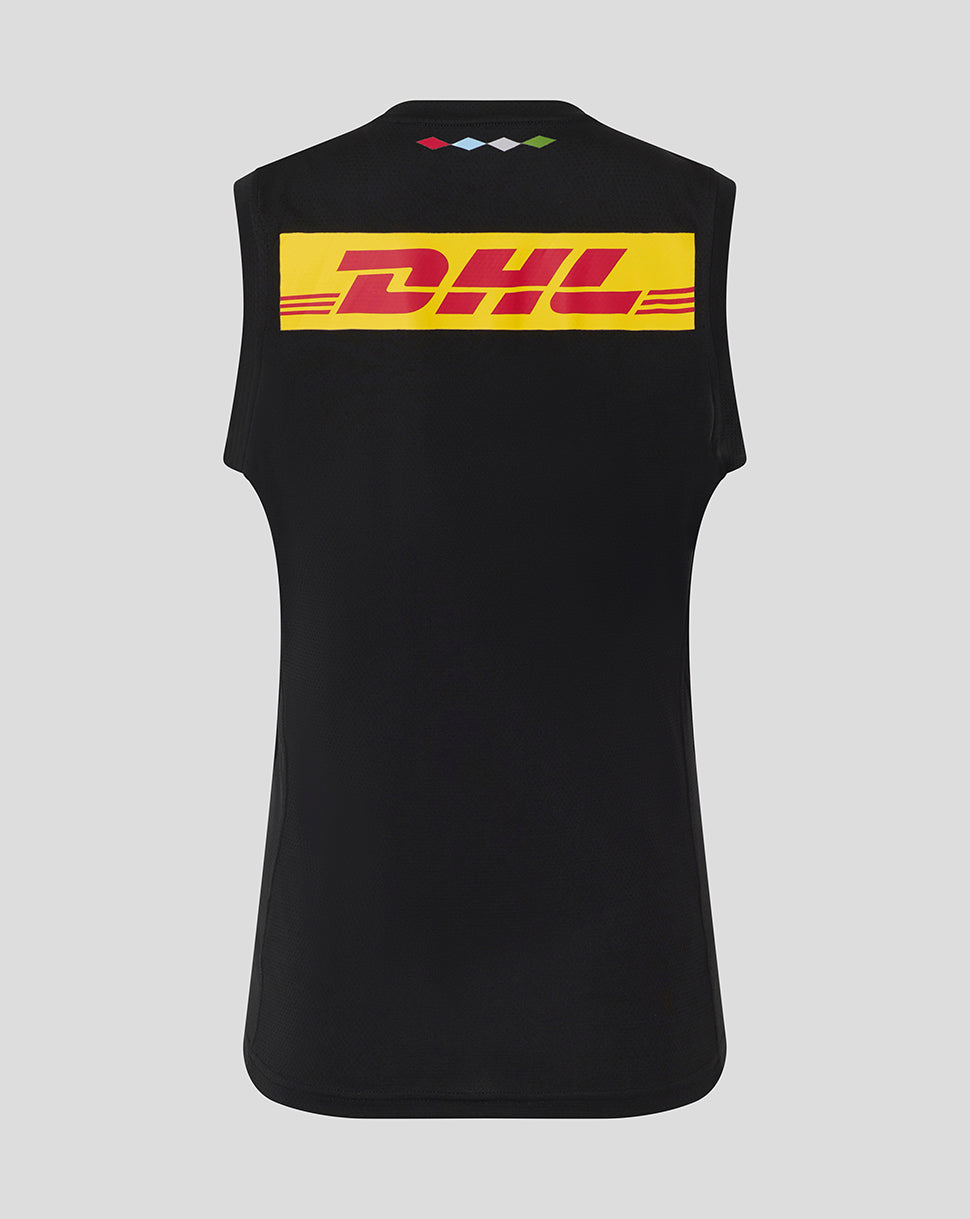 Back view of a black Harlequins matchday sleeveless tee featuring a bright yellow DHL logo across the upper back.