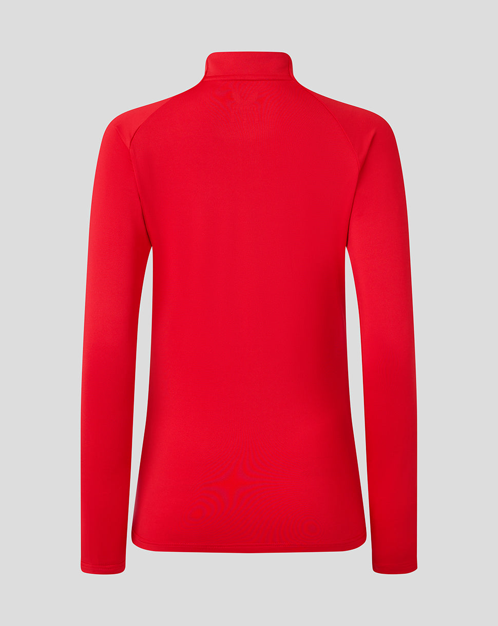 Back view of a bright red Saracens midlayer top with long sleeves and high collar
