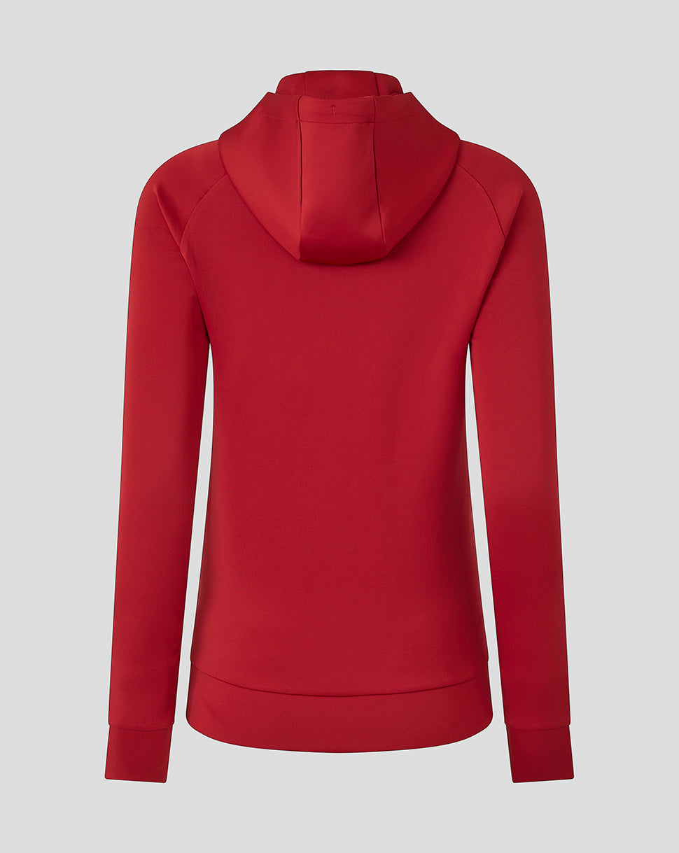 Back view of a red Saracens women's 25/26 presentation scuba hoodie with hood