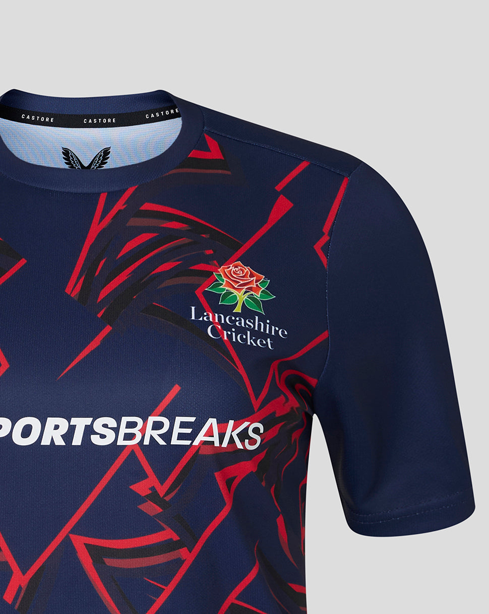 Navy blue sports jersey with red and white graphics and 'Lancashire Cricket' logo on a gray background