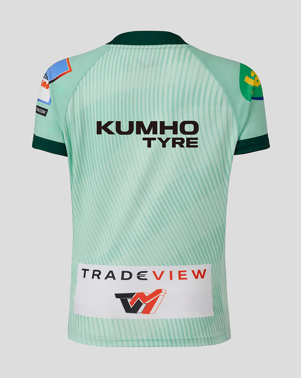 Back view of the mint green Leicester Tigers 25/26 replica away shirt with diagonal stripes, Kumho Tyre across the back and a TradeView patch at the lower hem.