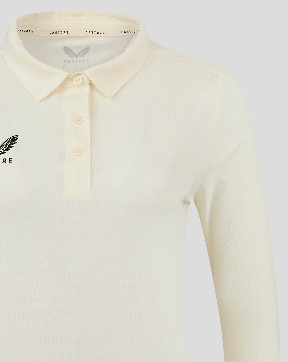 Cannoli Cream long sleeve cricket shirt with three button placket and left chest Castore logo