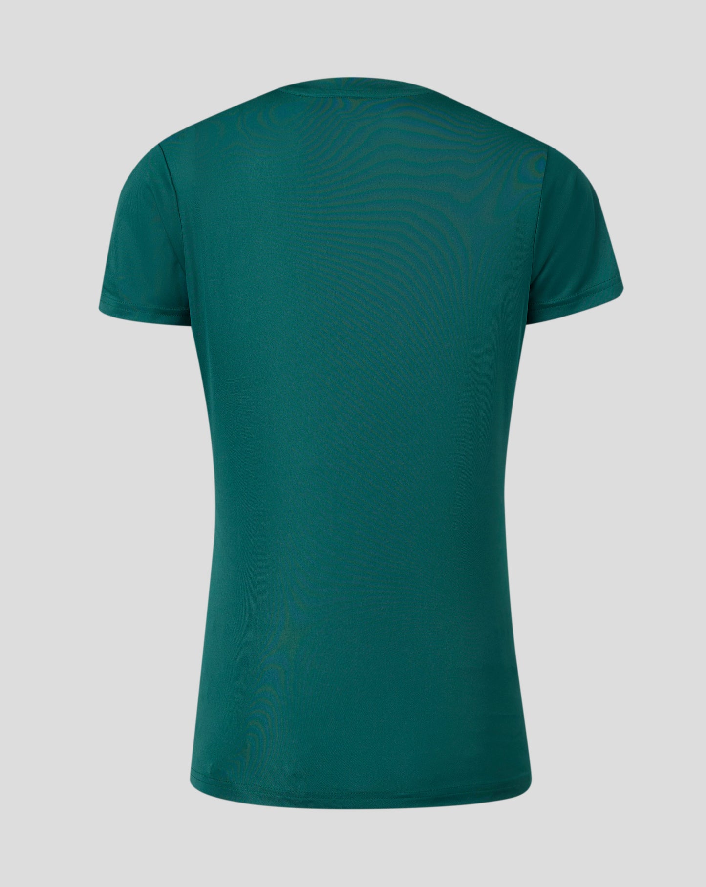 Back view of teal marble performance tee showing neckline and central back seam