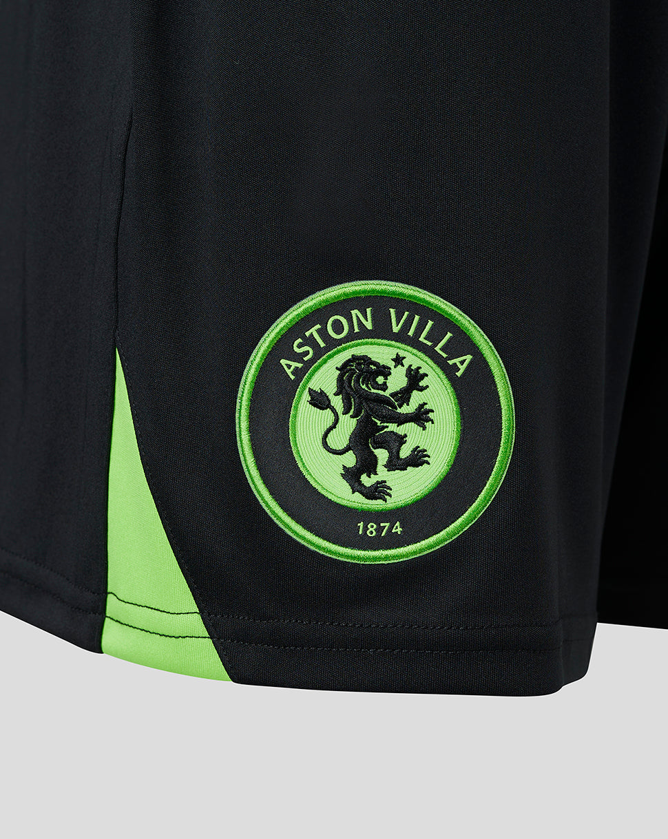 Close-up of neon green Aston Villa crest embroidery on black goalkeeper shorts