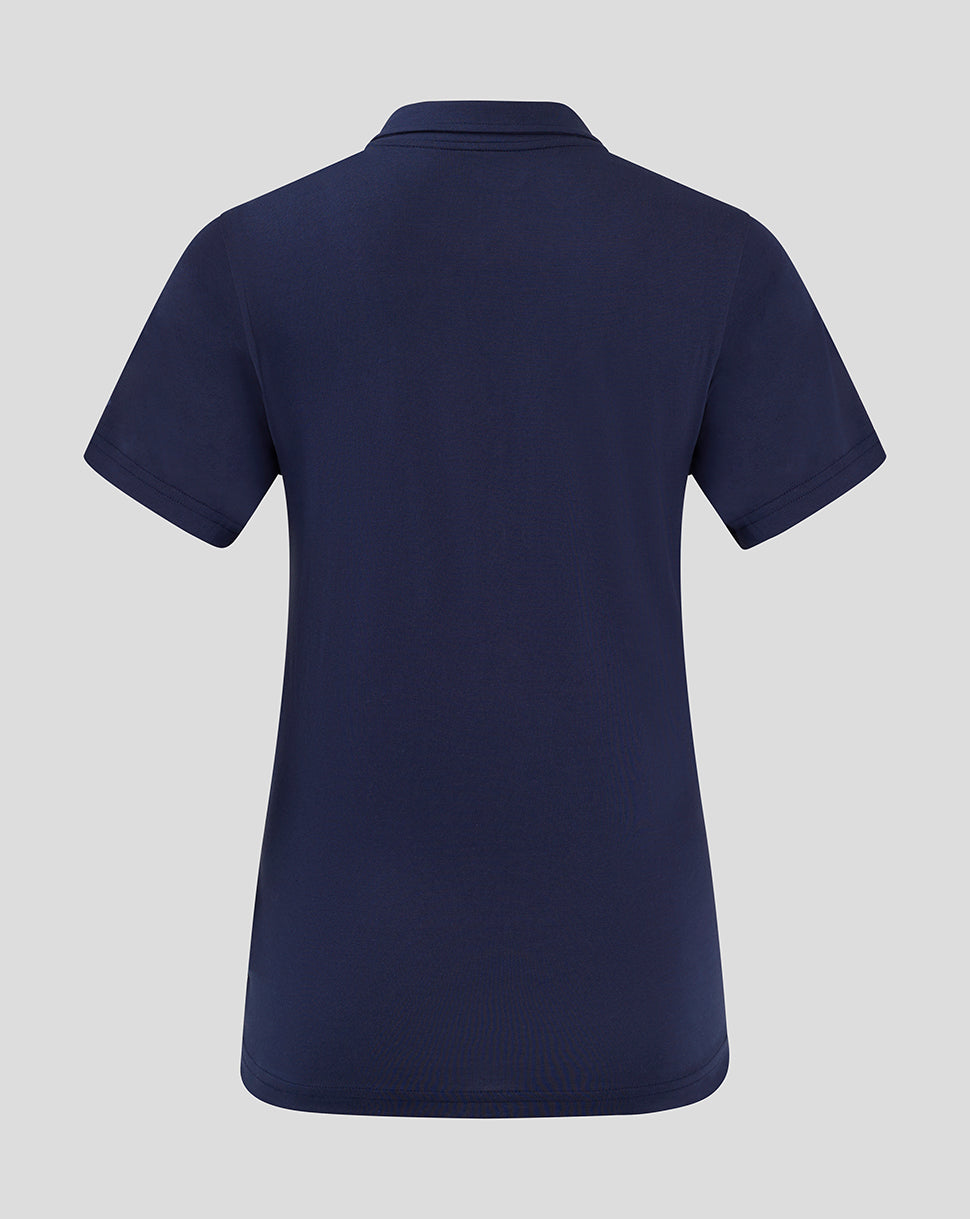 Back view of a navy women's cotton leisure polo in peacoat color.