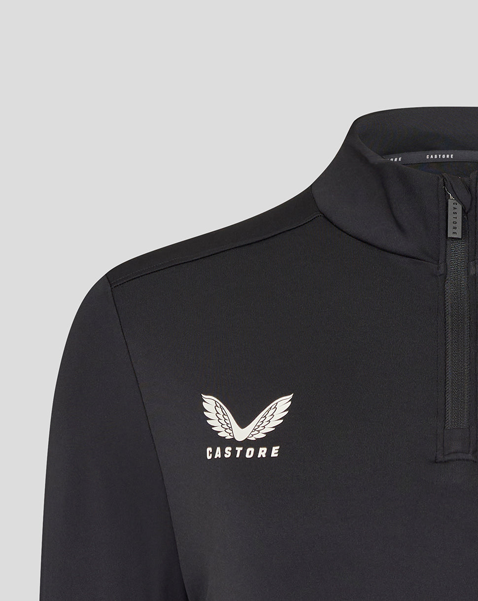 Close up of the front left chest with white Castore logo on black training midlayer and partial zip