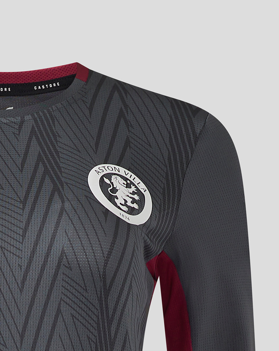 Aston Villa crest badge on the front of the grey patterned long sleeve training jersey