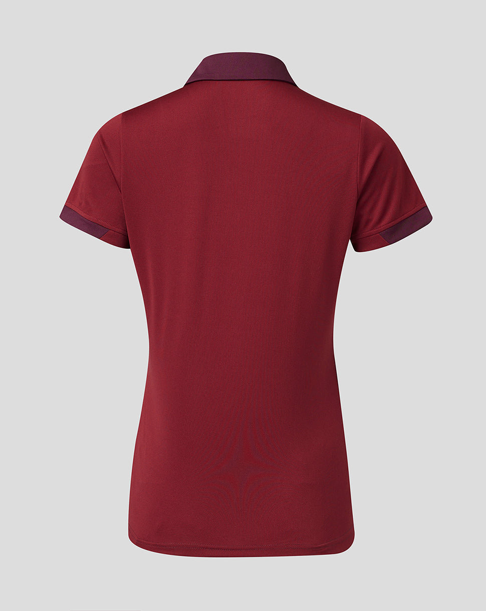 Back view of Scarlets Womens 23/24 Short Sleeve Travel Polo in maroon with contrasting cuffs.