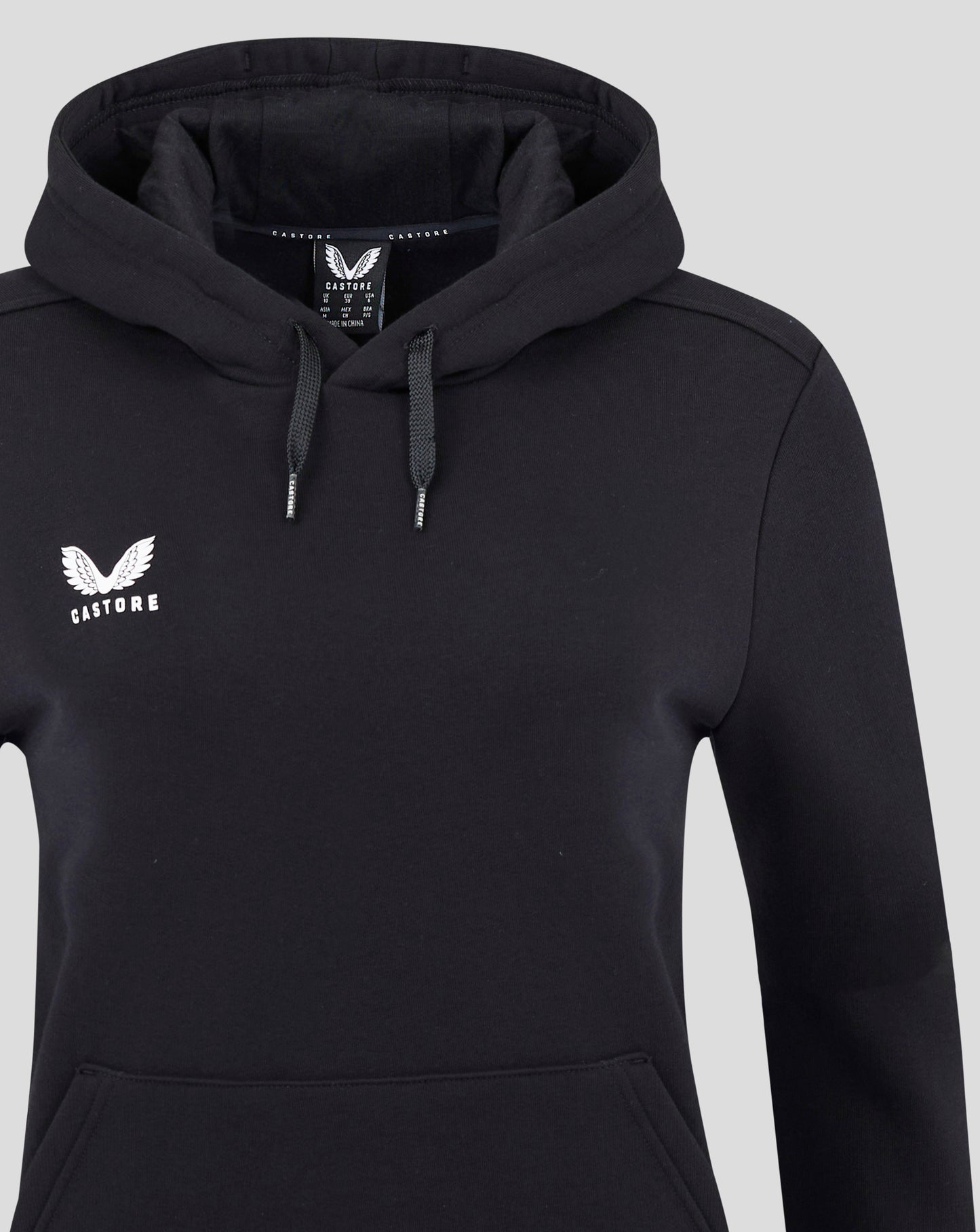 Front view of black Castore hoodie with white logo on chest and kangaroo pocket