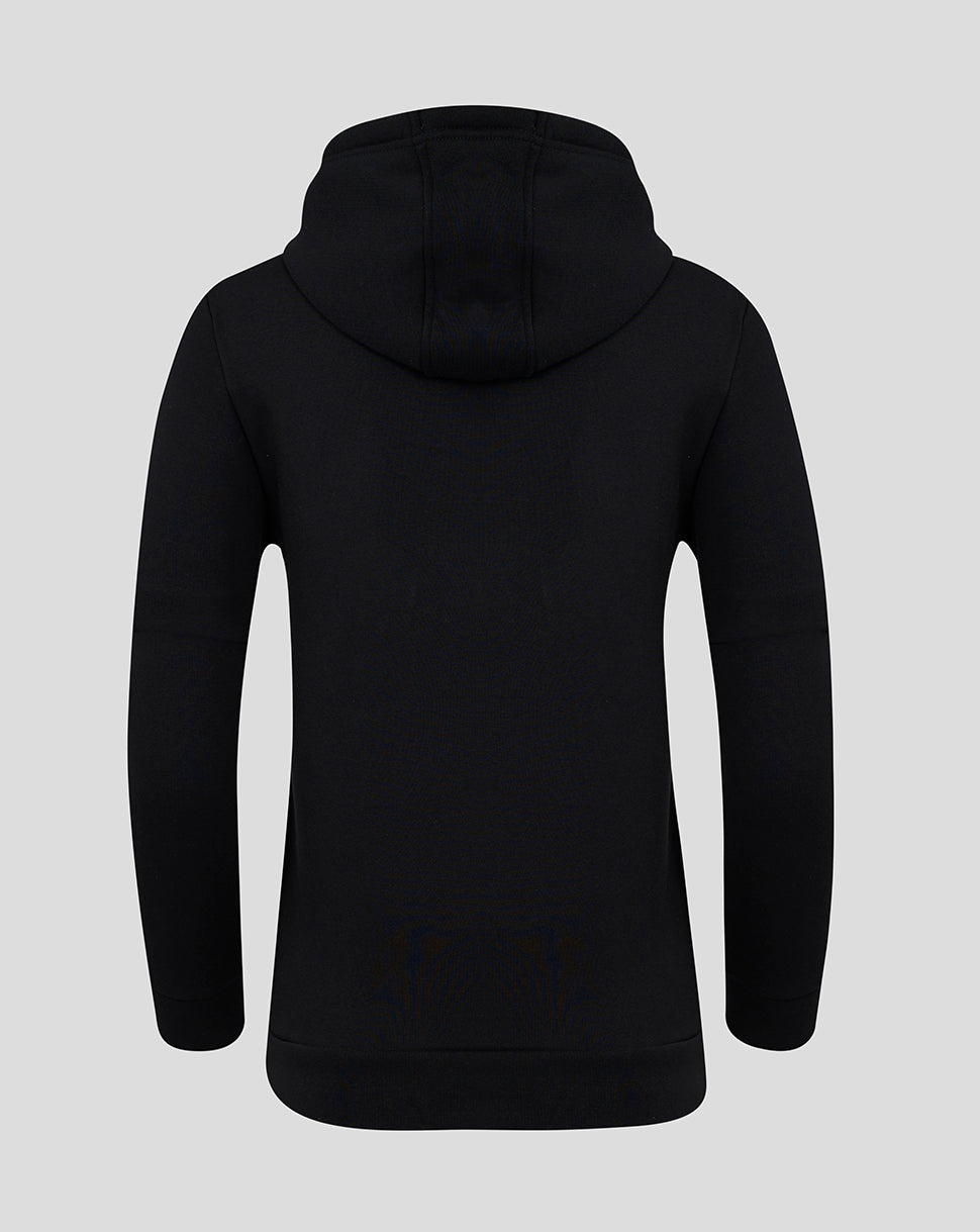 Back view of black brushed back hoodie with hood up and clean silhouette