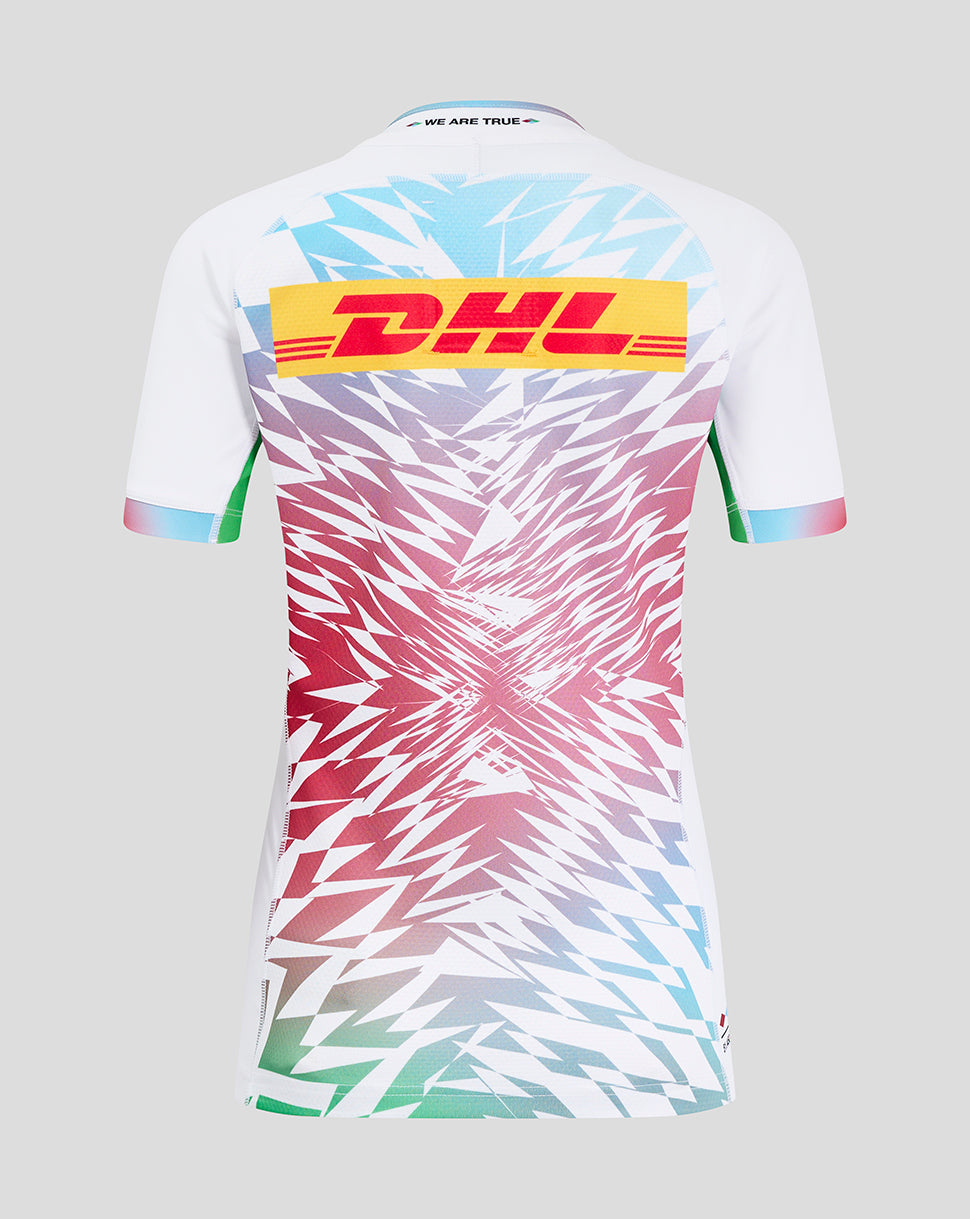 Back view of Harlequins Away Pro Shirt featuring bold DHL sponsor logo across the back.