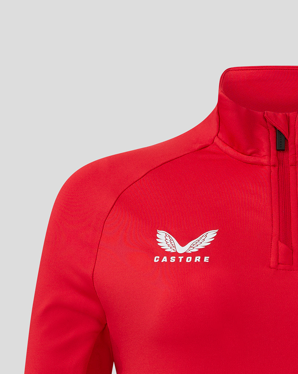 Close-up of red Scarlets Pro Players midlayer chest area showing Castore logo and Scarlets crest