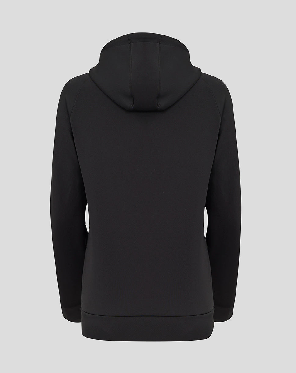Back view of black Rangers hoodie with attached hood and clean ribbed hem.