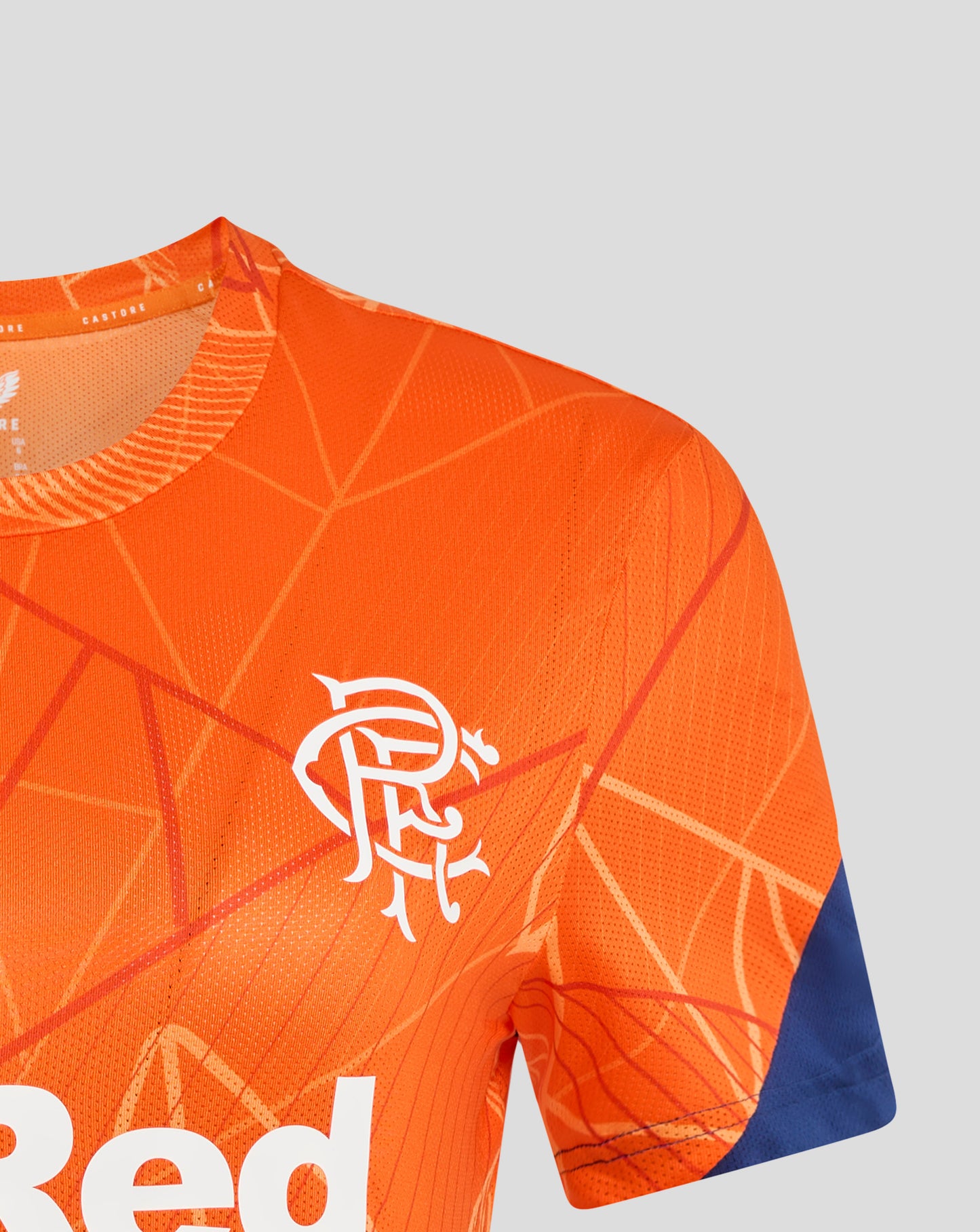 Close-up of Rangers 24/25 Women’s League Matchday T Shirt in vivid orange with geometric print and mesh texture