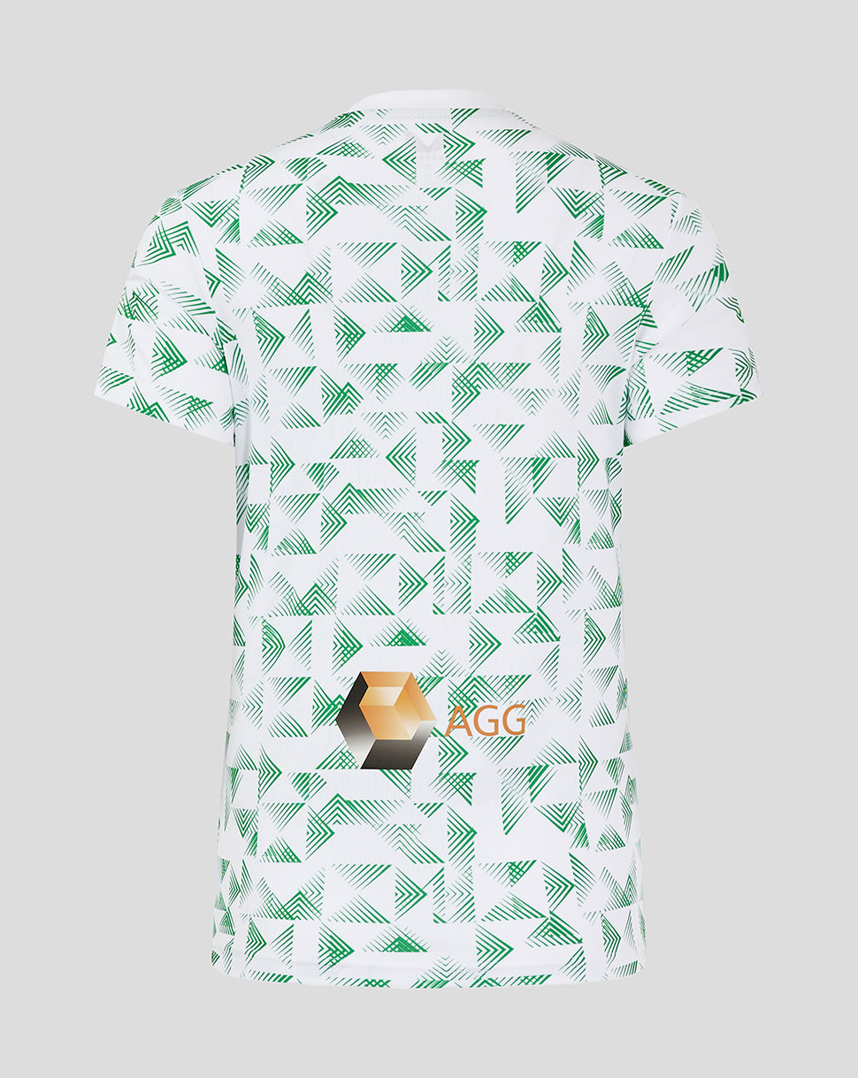 Back view of Mansfield Away Shirt with allover green chevron print and an AGG logo near the hem.