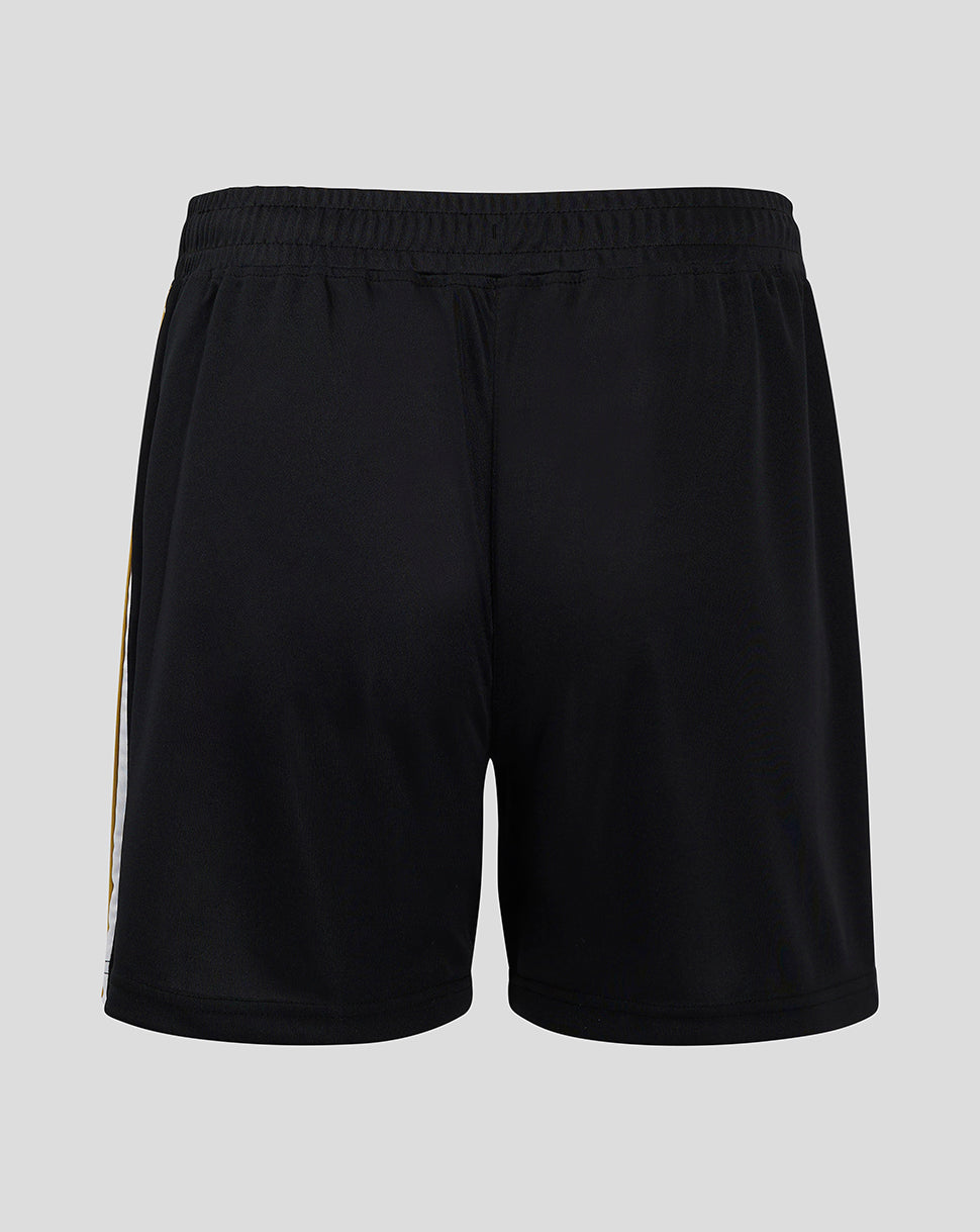Back view of black Mk Dons 24/25 third shorts with white and gold side stripe