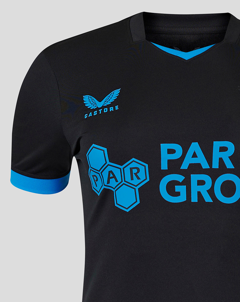 Black Preston Women's 24/25 Third Shirt with blue sponsor graphic and Castore logo on chest.