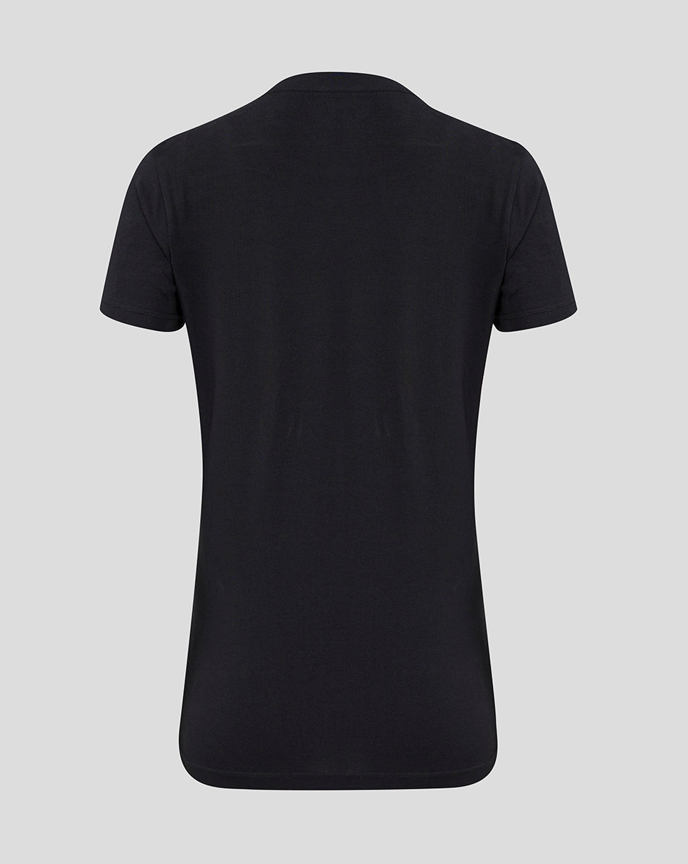 Back view of black England Cricket Women's 24/25 Training Logo Tee showing plain back and dropped hem