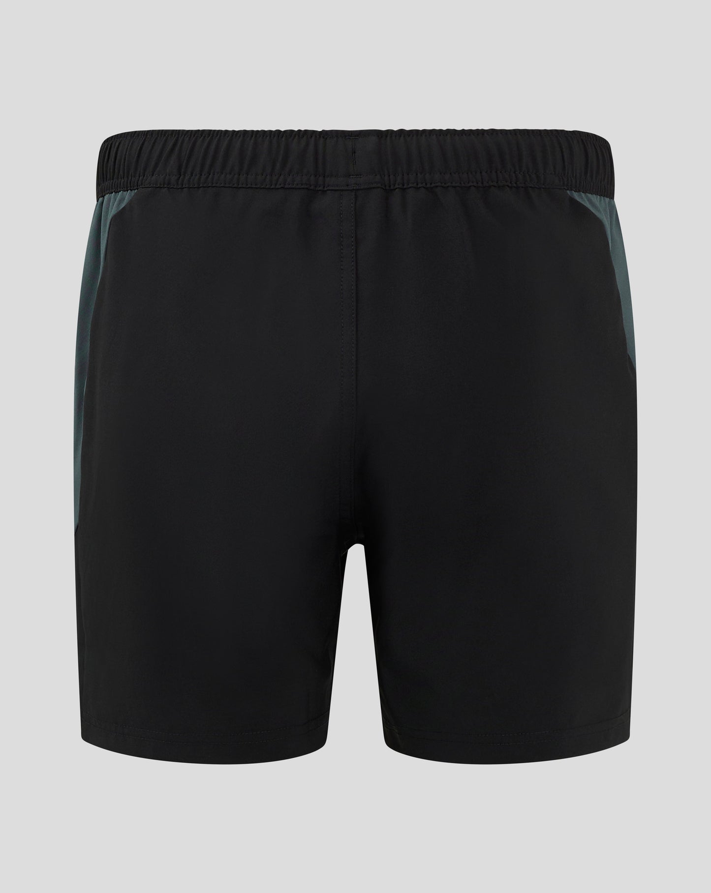 Back view of Bath Rugby training shorts showing a silicone grip waistband and teal side panels
