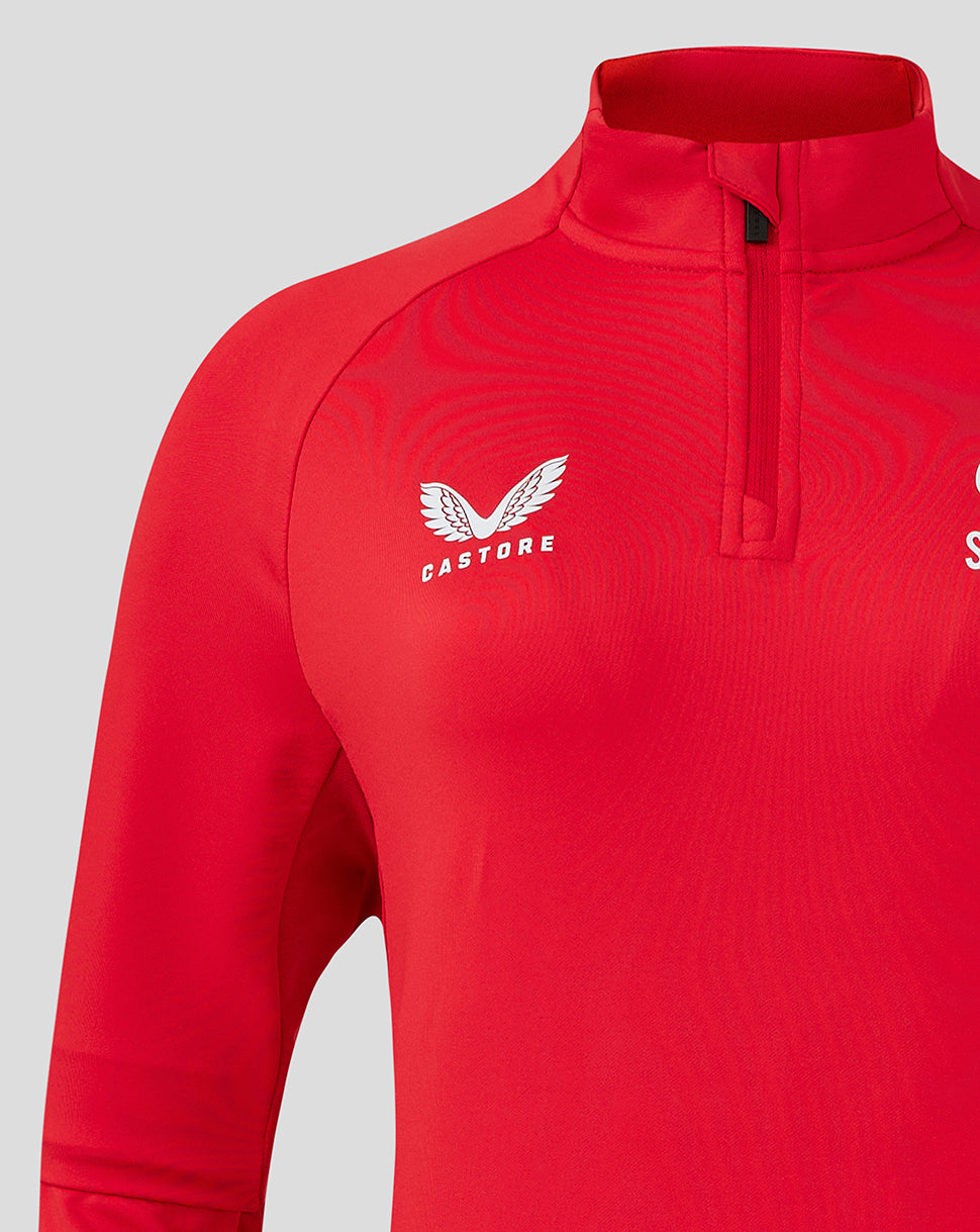 Red Saracens women's training quarter zip with white Castore logo on the chest