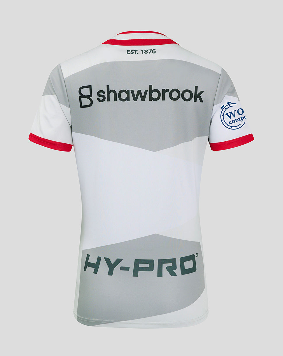 Back view of Saracens away jersey with grey chevron panels white body and shawbrook logo across upper back