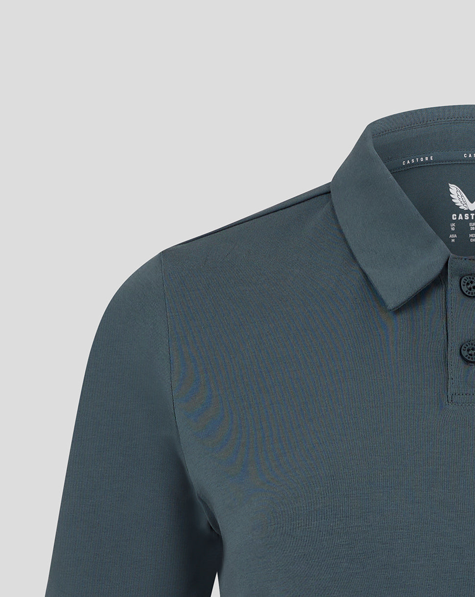 Close-up of shoulder and collar on Preston NE Travel Polo in teal, highlighting two-button placket.
