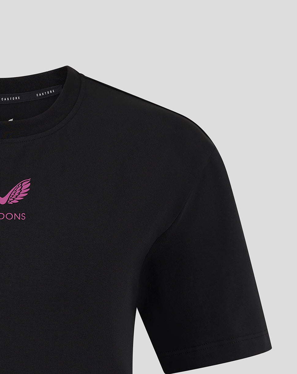 Black Mk Dons travel T shirt shoulder and upper chest with pink Mk Dons logo
