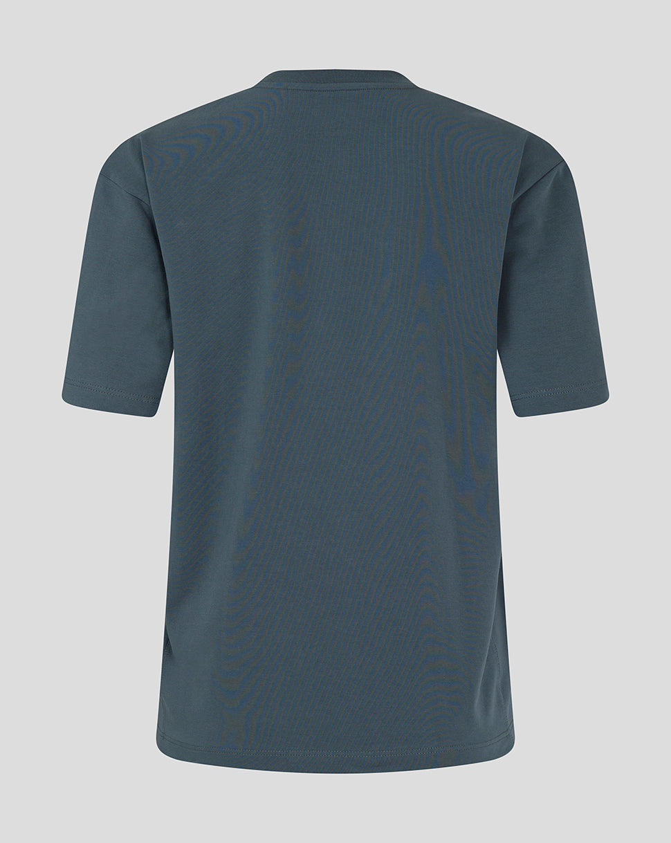 Back view of Preston NE Travel T Shirt in teal showing relaxed fit and short sleeves