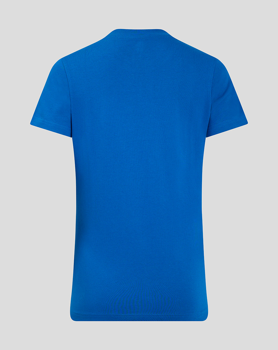 Back view of blue Rangers Women's Core Crest Top with a small crest logo at the neckline.