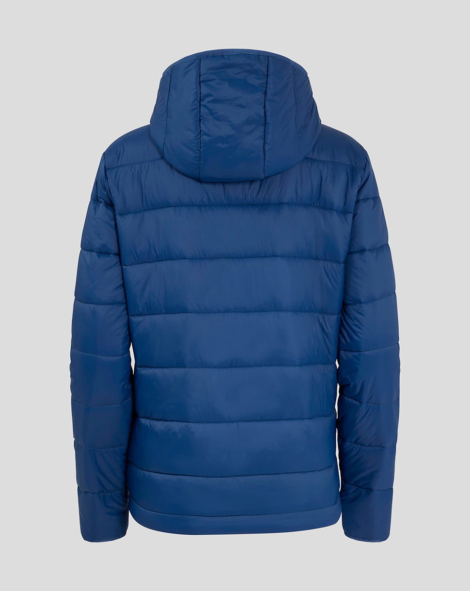 Back view of navy Rangers Women Core Fan Puffer Jacket with hood and horizontal baffle quilting.