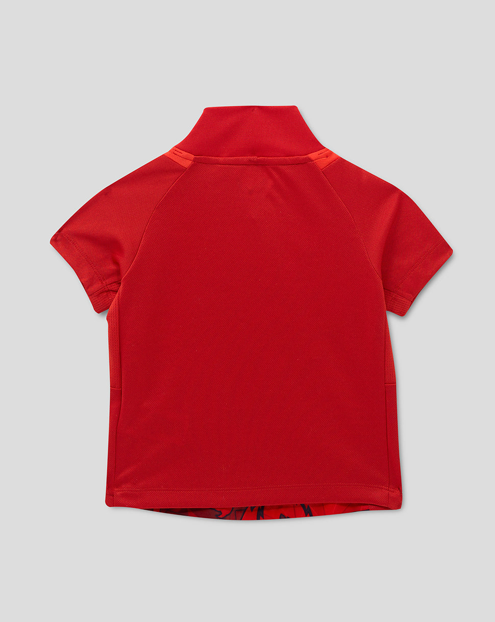 Back view of a red England infant cricket shirt with solid back panel and short sleeves