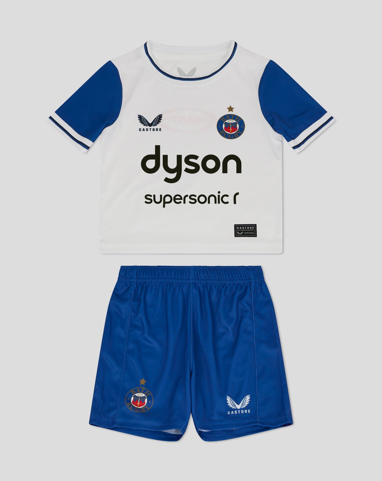 Bath Rugby infant away kit top white with blue sleeves and Dyson sponsor across chest