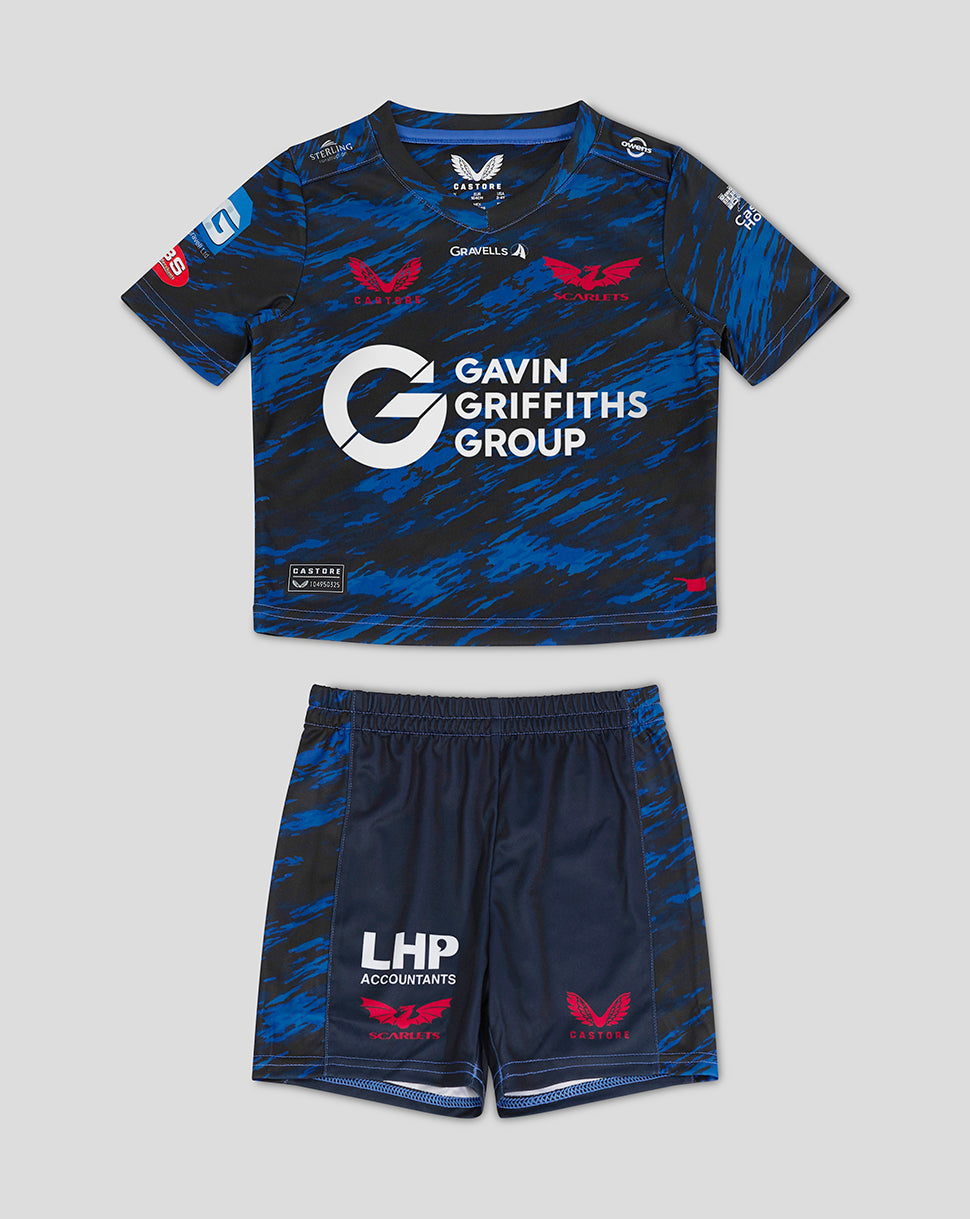 Infants Scarlets away kit with shirt and shorts in blue camouflage featuring Gavin Griffiths Group Castore and Scarlets logos