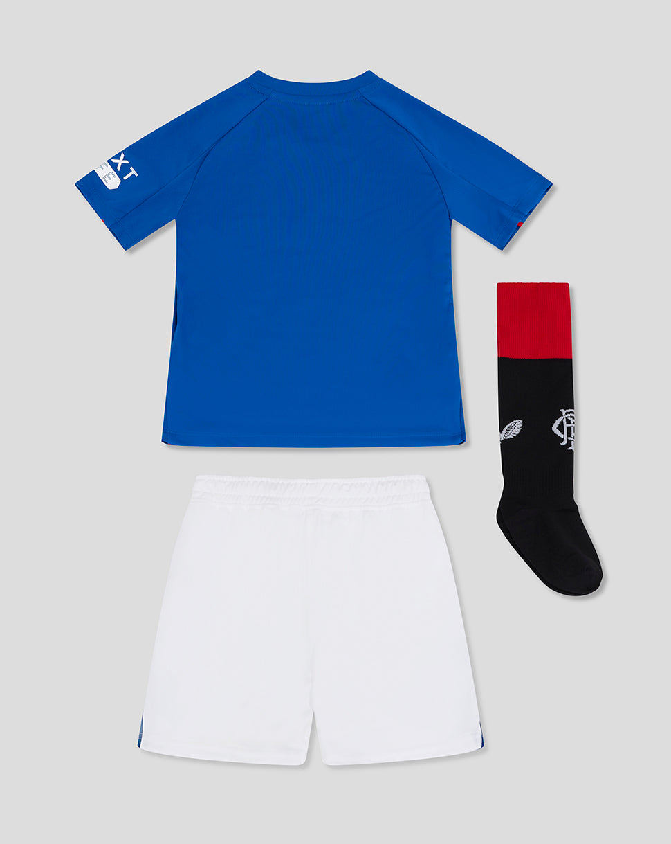 Back view of Rangers Infant 24/25 Home Nested Kit with blue shirt white shorts and black socks