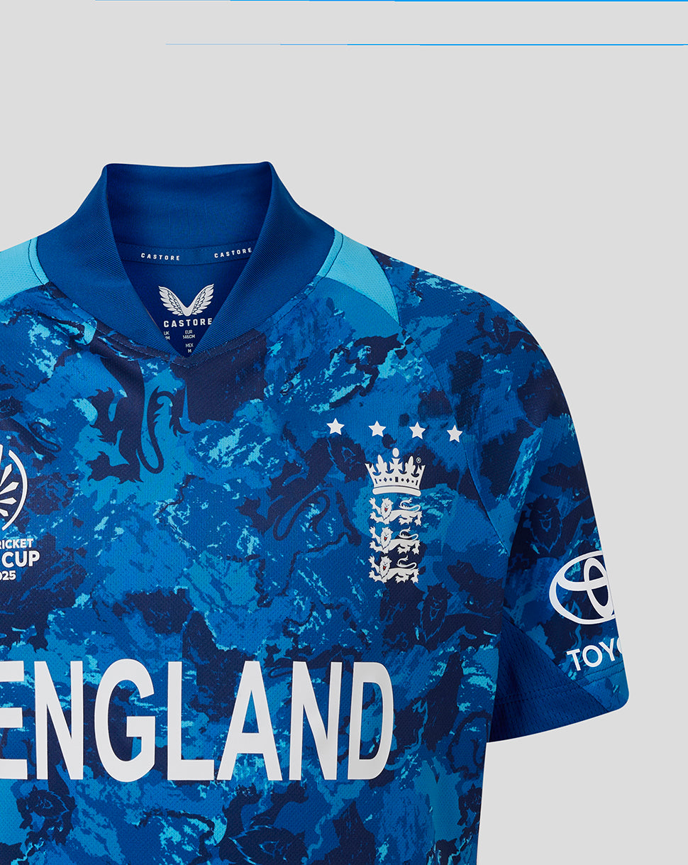 Close up of blue England cricket shirt showing the left chest crest and camo pattern