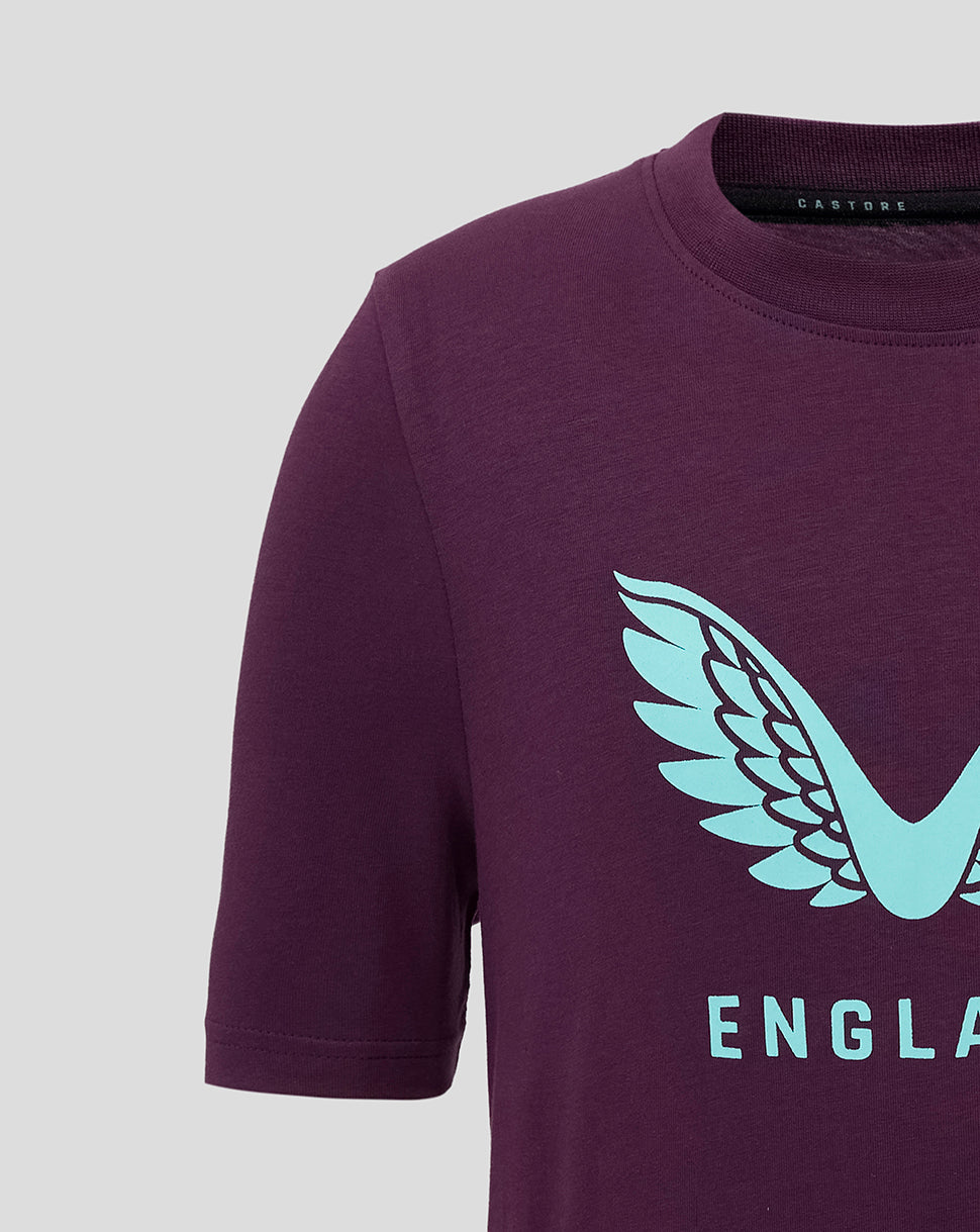 Purple junior England cricket tee with teal wing logo and ENGLAND lettering.
