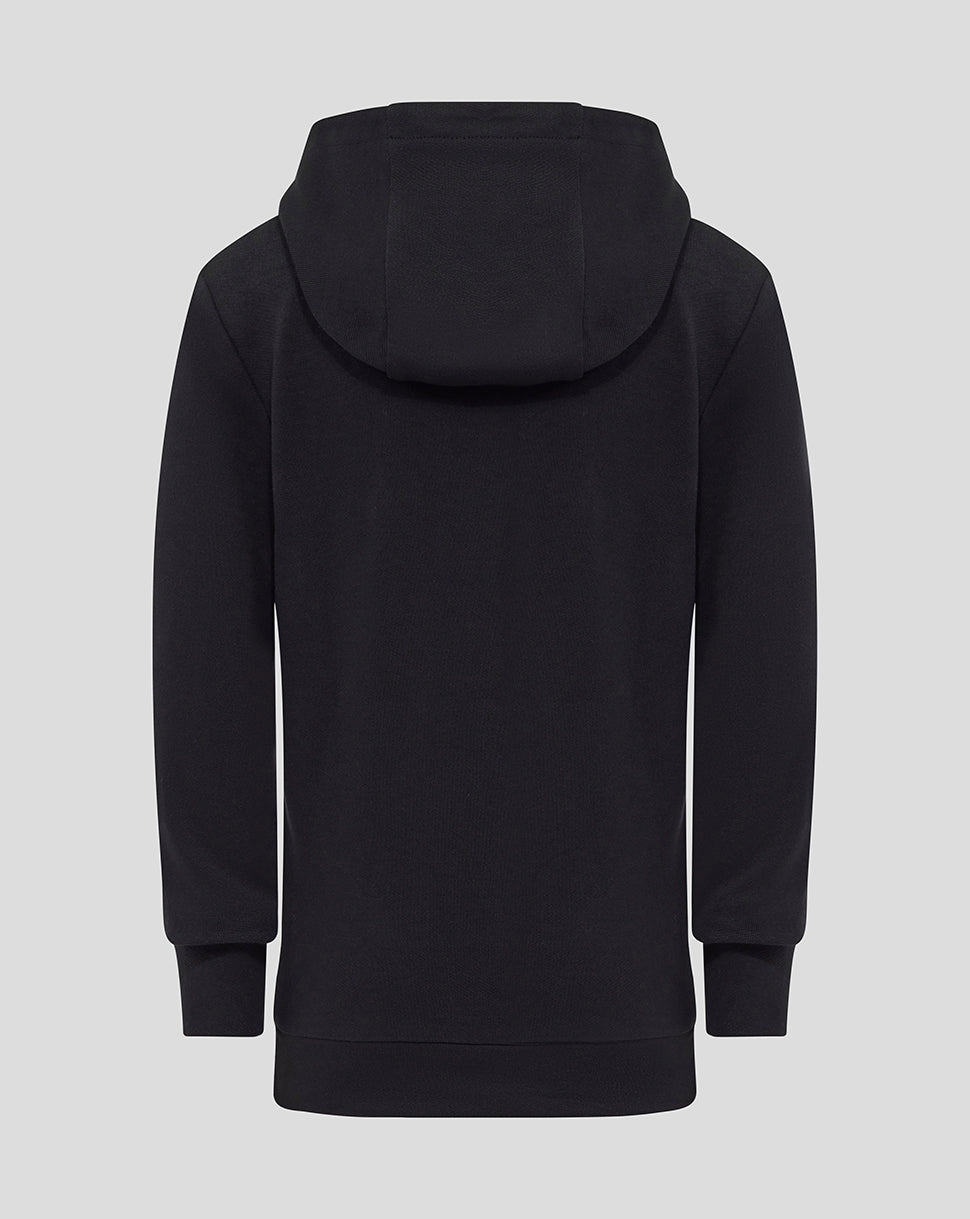 Back view of a black Rangers juniors presentation hoodie with a hood, ribbed cuffs and hem