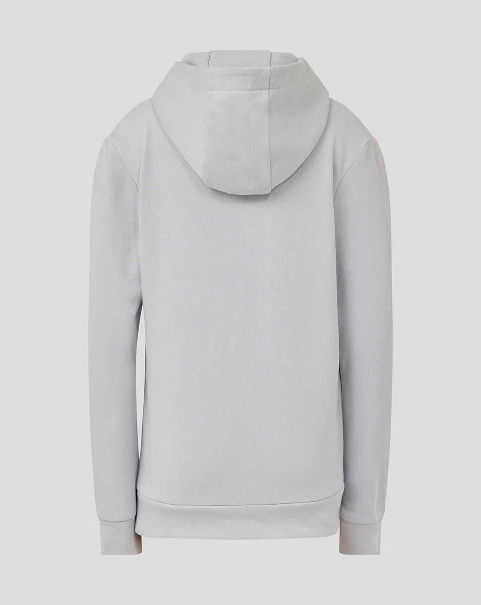 Back view of the light grey Rangers Juniors hoodie with hood down