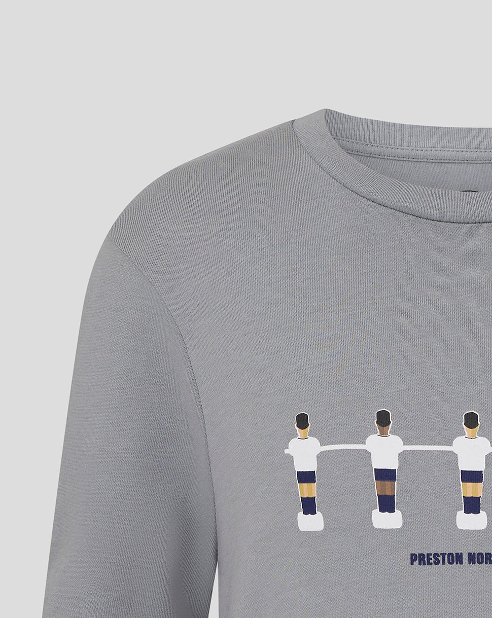 Grey Preston junior table football tee with a crew neck and a foosball players graphic across the chest.