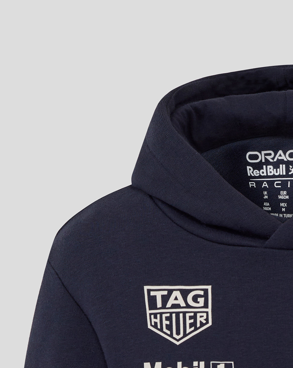Navy Oracle Red Bull Racing Junior Heritage hoodie close up of hood and sponsor logos including Tag Heuer and Honda