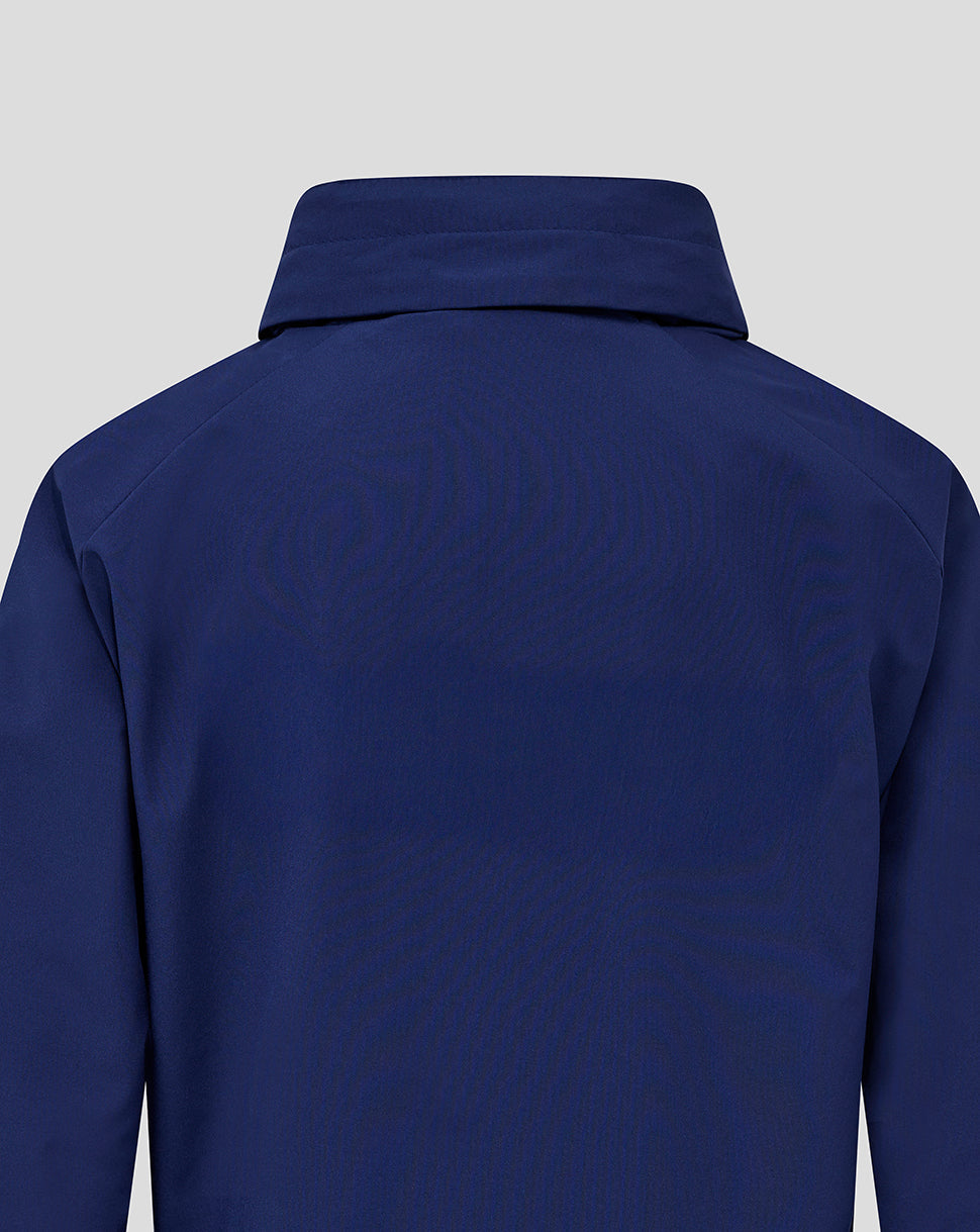Back view of blue Preston North End training packable hooded jacket.