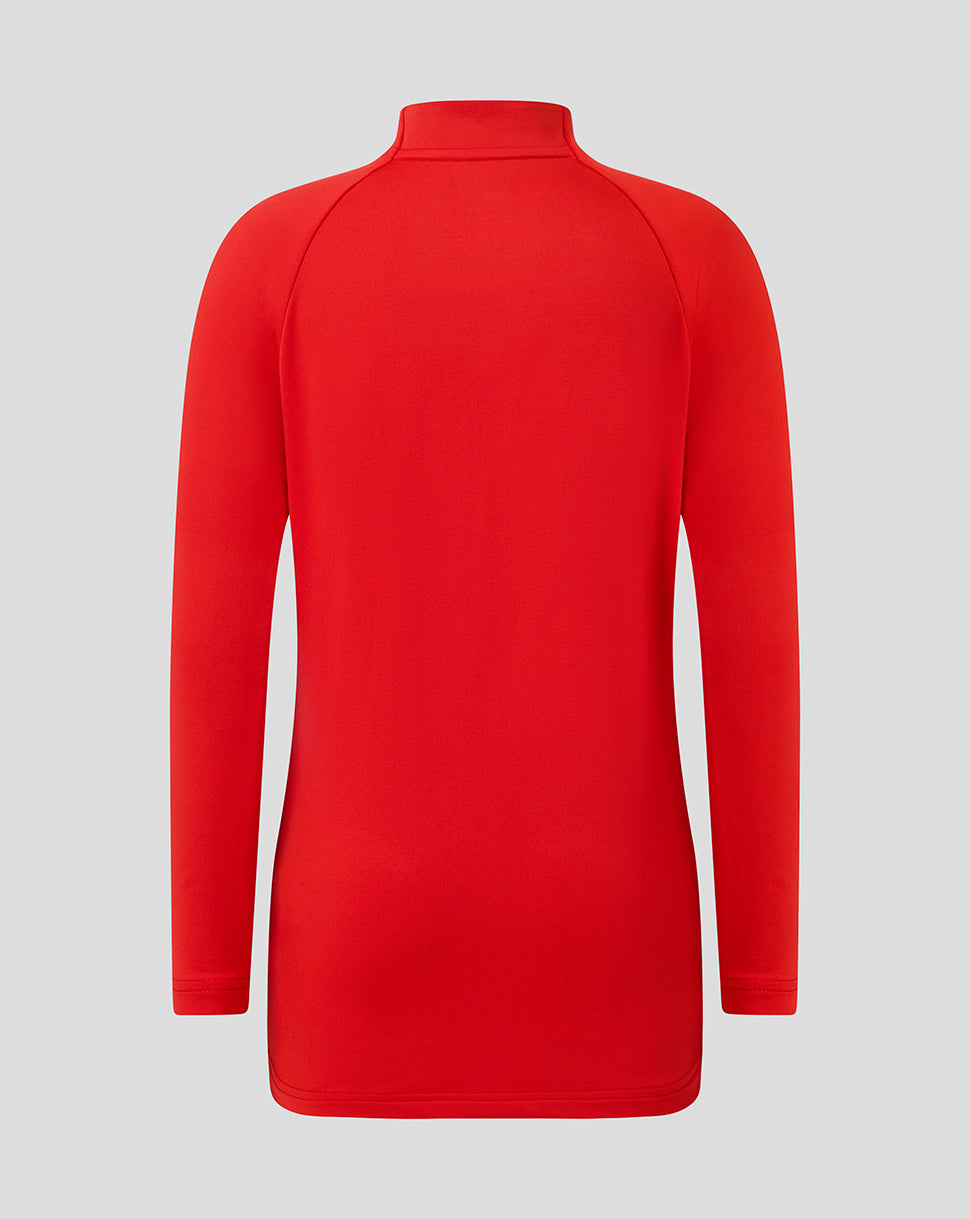 Back view of the plain red Saracens junior midlayer top with long sleeves